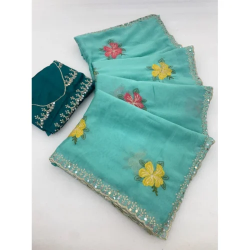 Women's Georgette Embellished Saree With Unstitched Blouse 5.5Mtr (Aqua Blue)