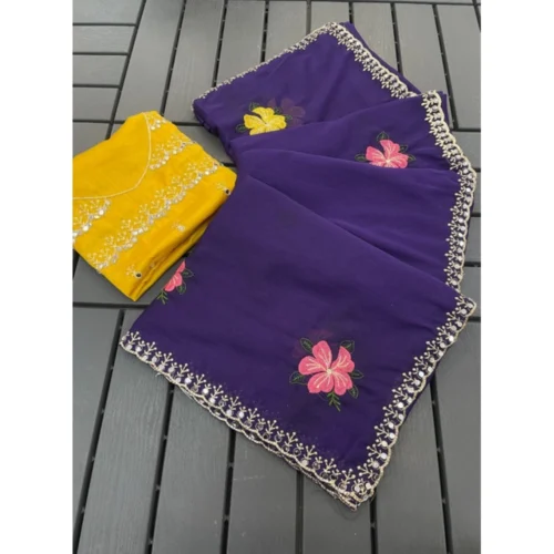Women's Georgette Embellished Saree With Unstitched Blouse 5.5Mtr (Purple)