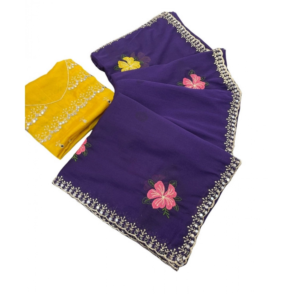 Women's Georgette Embellished Saree With Unstitched Blouse 5.5Mtr (Purple) - Image 2