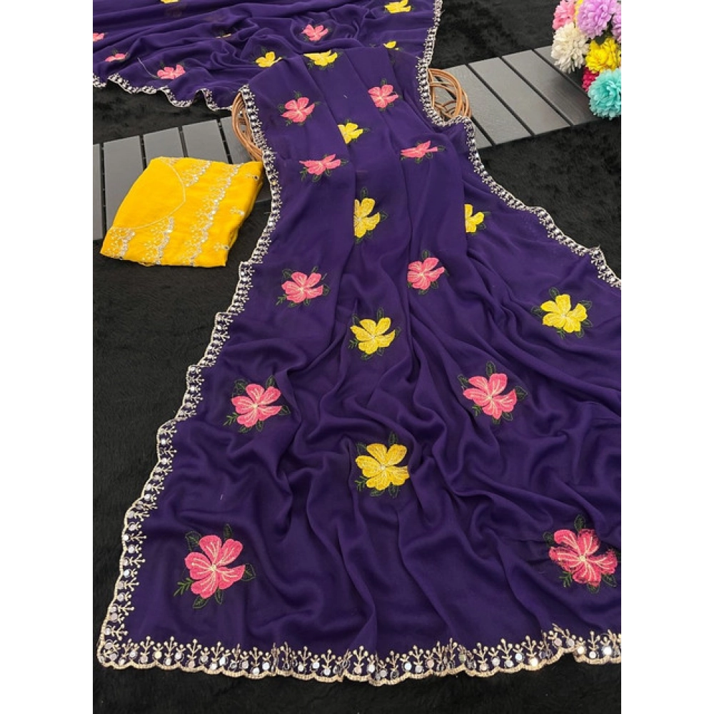 Women's Georgette Embellished Saree With Unstitched Blouse 5.5Mtr (Purple) - Image 3