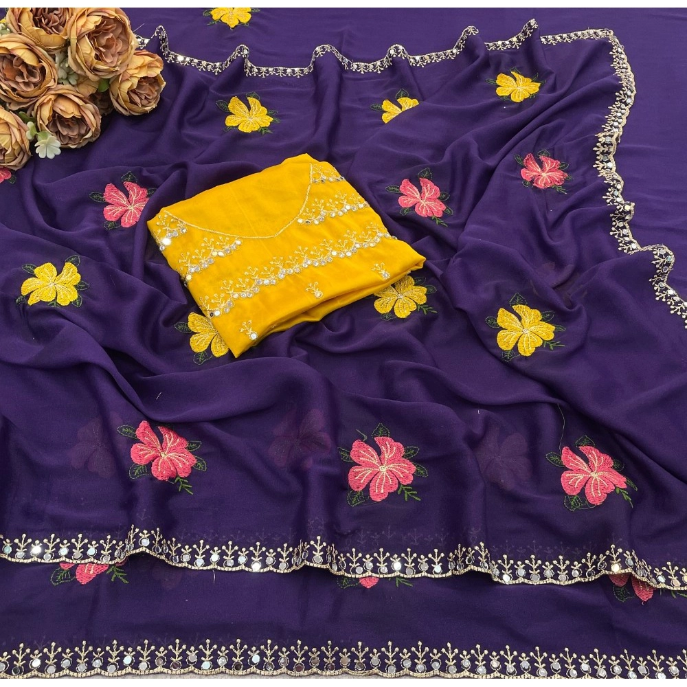 Women's Georgette Embellished Saree With Unstitched Blouse 5.5Mtr (Purple) - Image 4