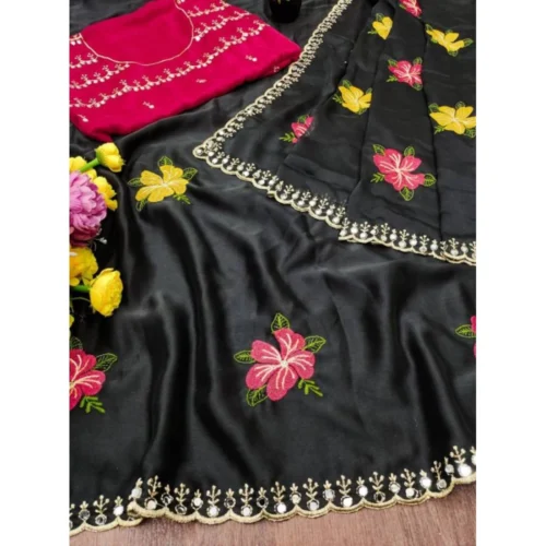 Women's Georgette Embellished Saree With Unstitched Blouse 5.5Mtr (Black)