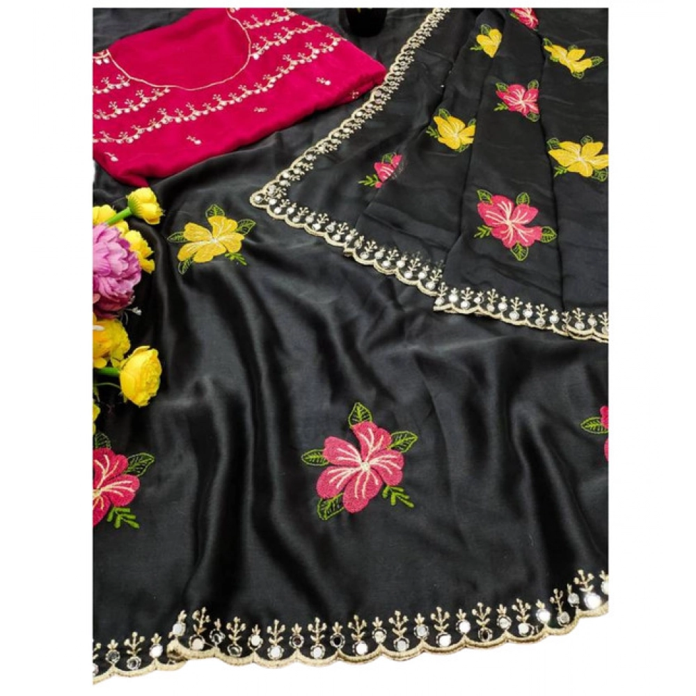 Women's Georgette Embellished Saree With Unstitched Blouse 5.5Mtr (Black) - Image 2