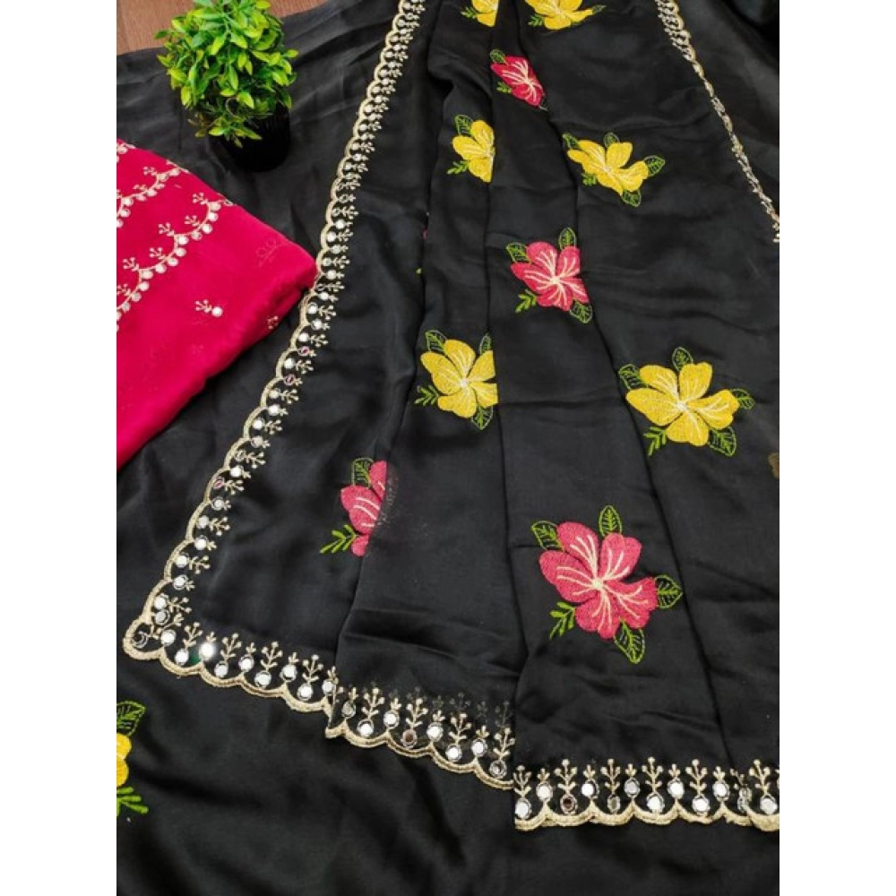 Women's Georgette Embellished Saree With Unstitched Blouse 5.5Mtr (Black) - Image 3
