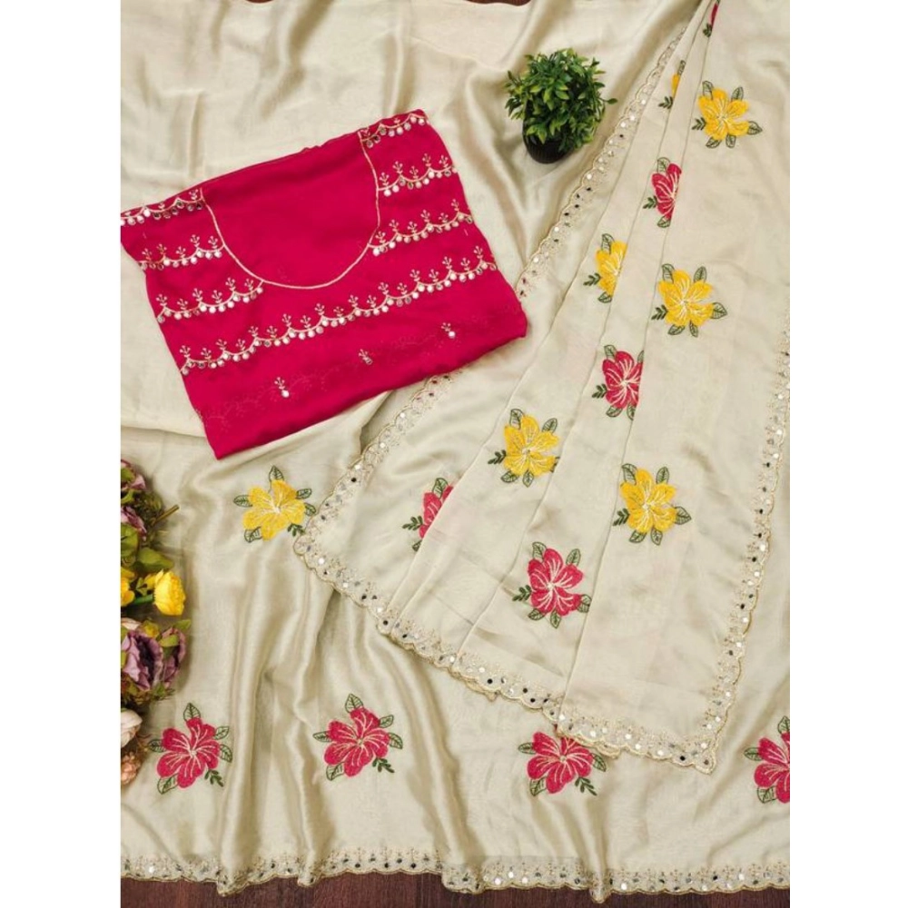 Women's Georgette Embellished Saree With Unstitched Blouse 5.5Mtr (Cream)
