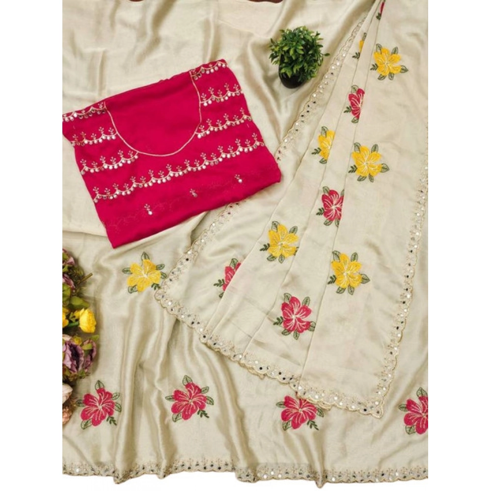 Women's Georgette Embellished Saree With Unstitched Blouse 5.5Mtr (Cream) - Image 2