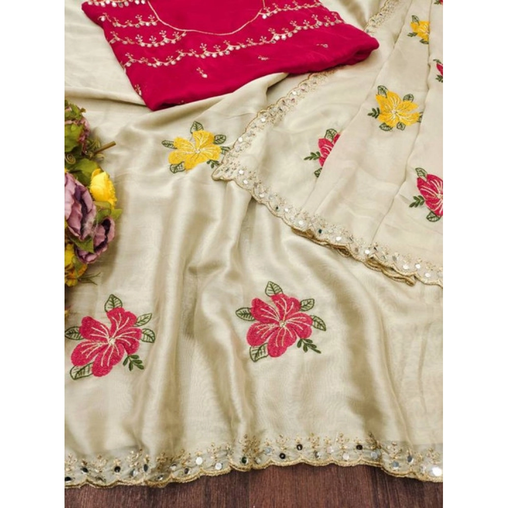 Women's Georgette Embellished Saree With Unstitched Blouse 5.5Mtr (Cream) - Image 3