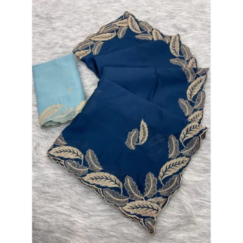 Women's Chiffon Embroidered Saree With Unstitched Blouse 5.5Mtr (Blue)