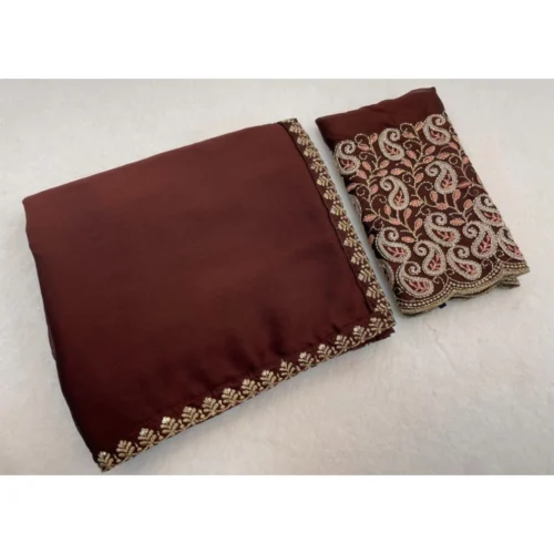 Women's Chiffon Embroidered Saree With Unstitched Blouse 5.5Mtr (Brown)