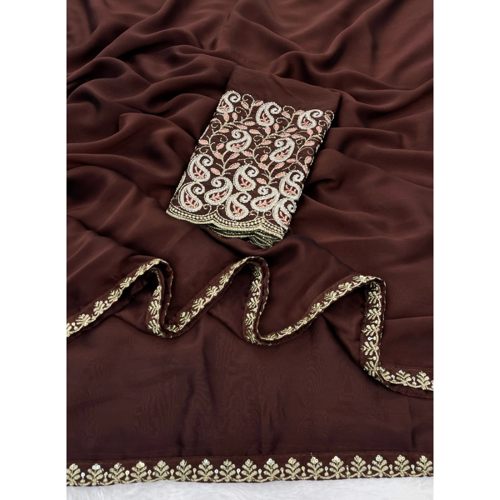 Women's Chiffon Embroidered Saree With Unstitched Blouse 5.5Mtr (Brown) - Image 3