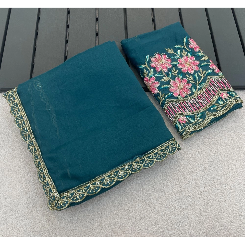 Women's Georgette Embellished Saree With Unstitched Blouse 5.5Mtr (Teal)