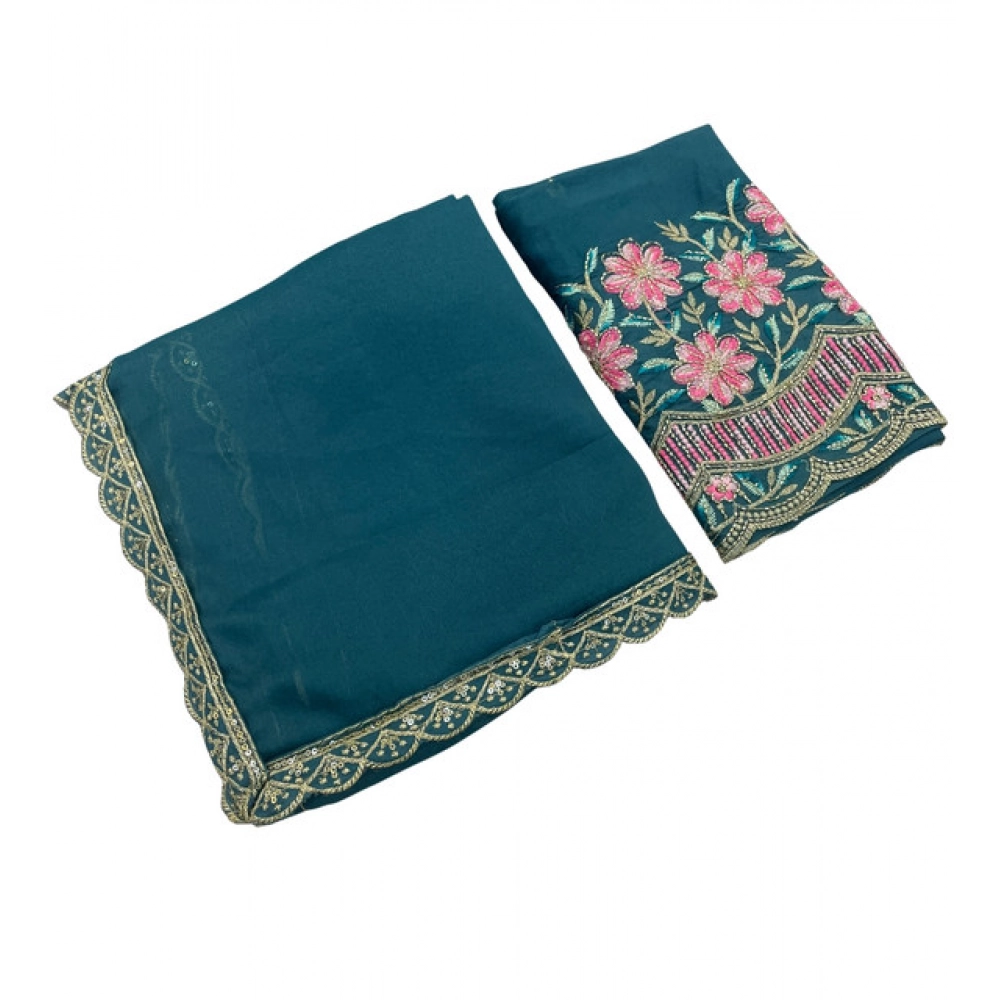 Women's Georgette Embellished Saree With Unstitched Blouse 5.5Mtr (Teal) - Image 2