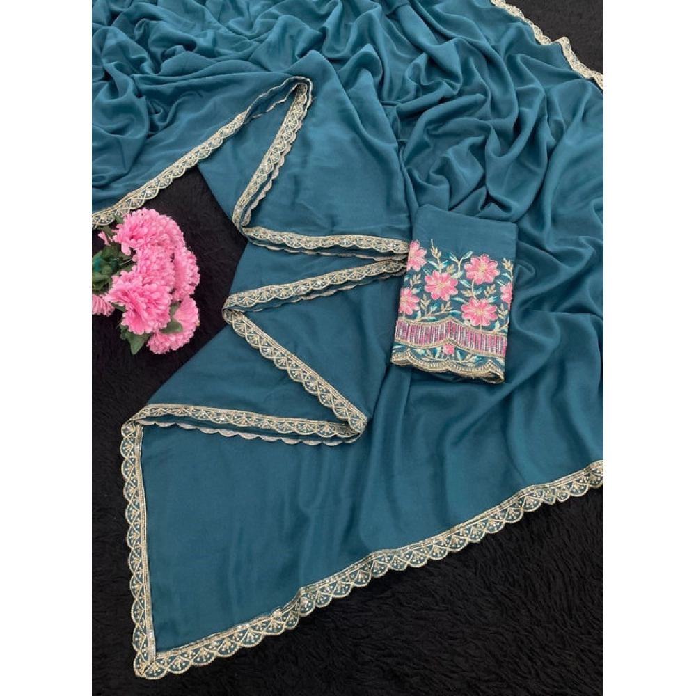 Women's Georgette Embellished Saree With Unstitched Blouse 5.5Mtr (Teal) - Image 3