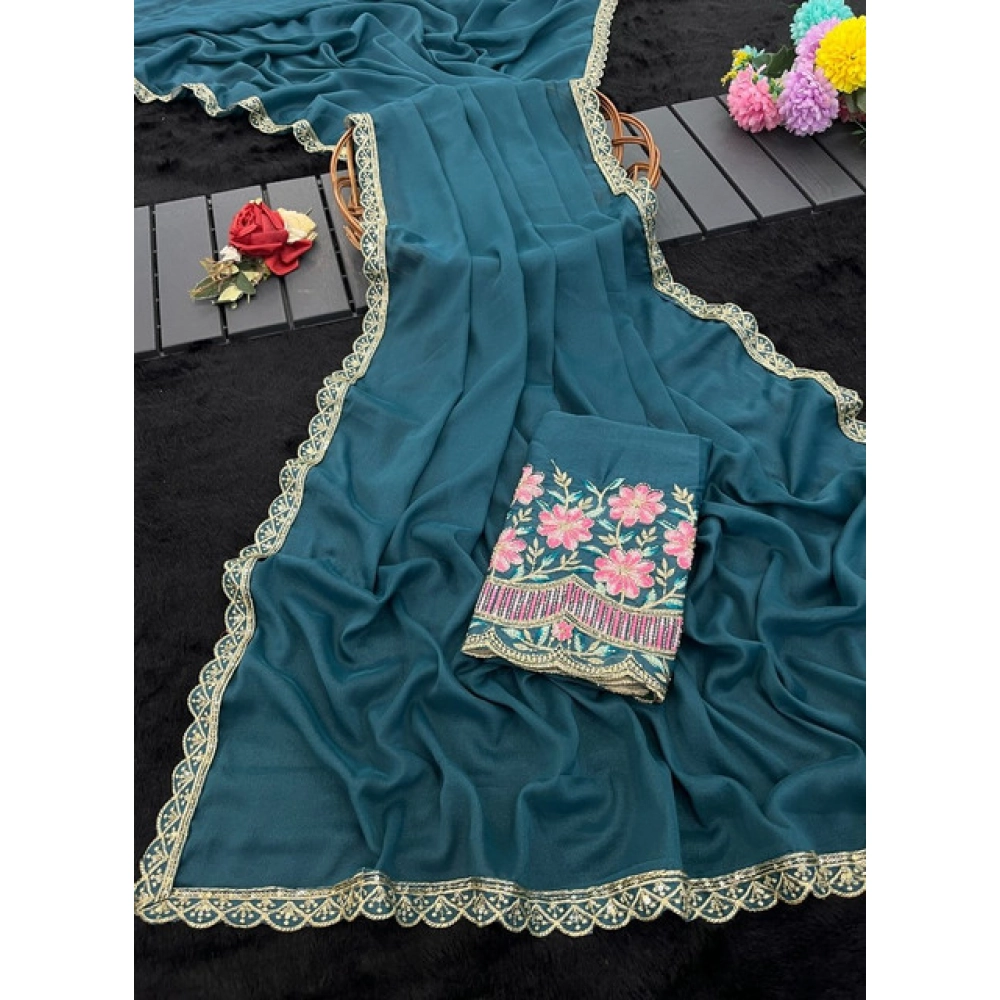Women's Georgette Embellished Saree With Unstitched Blouse 5.5Mtr (Teal) - Image 4