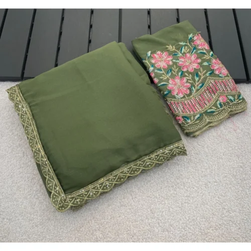 Women's Georgette Embellished Saree With Unstitched Blouse 5.5Mtr (Olive Green)
