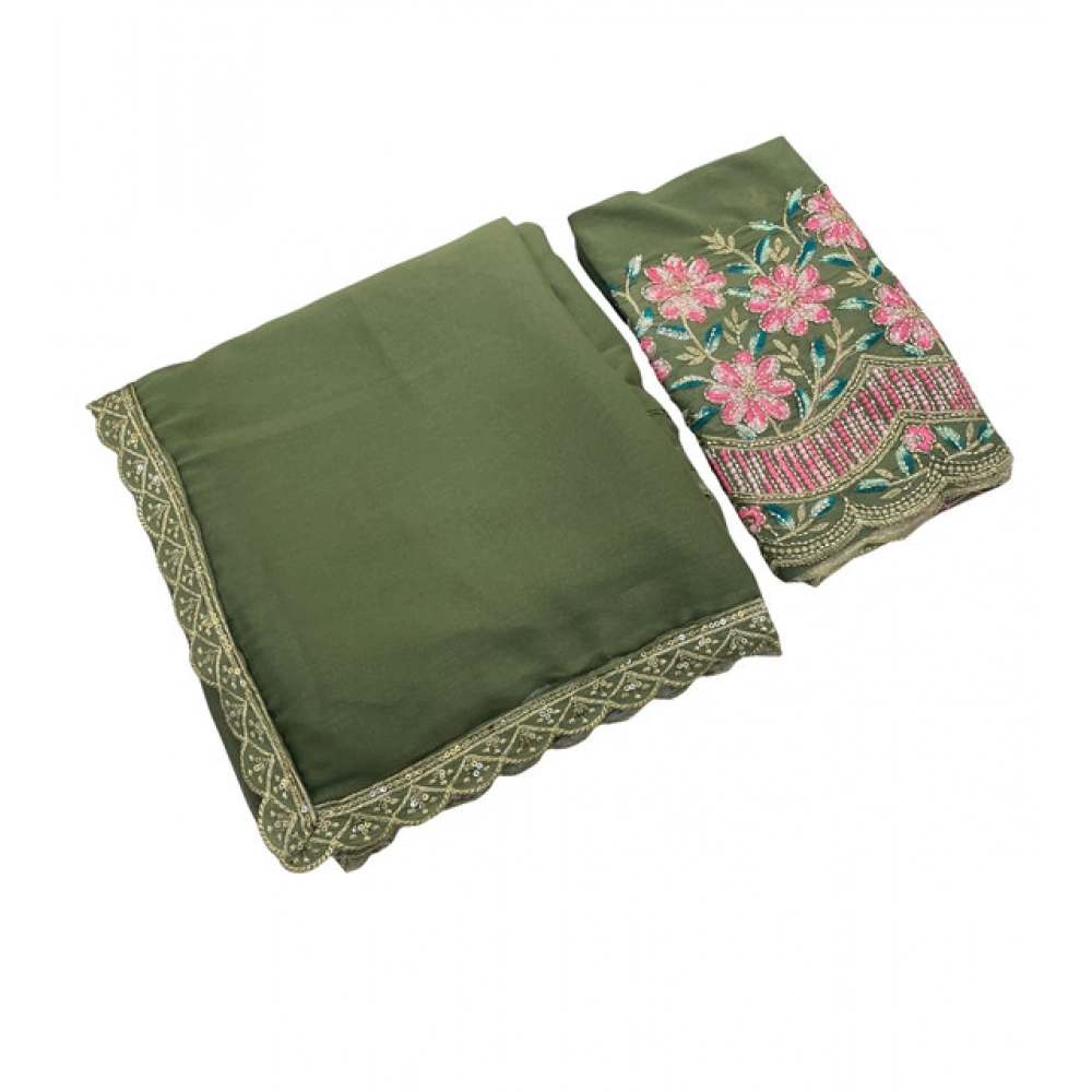Women's Georgette Embellished Saree With Unstitched Blouse 5.5Mtr (Olive Green) - Image 2