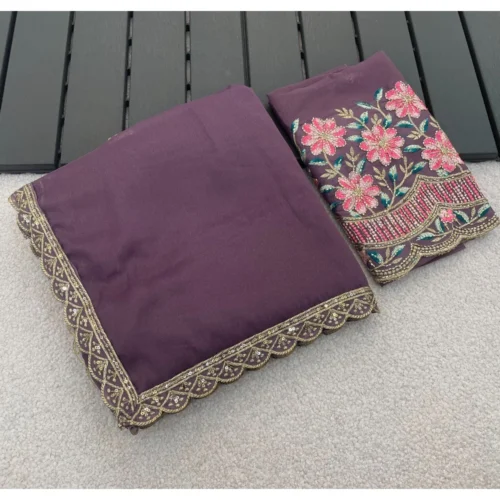 Women's Georgette Embellished Saree With Unstitched Blouse 5.5Mtr (Purple)