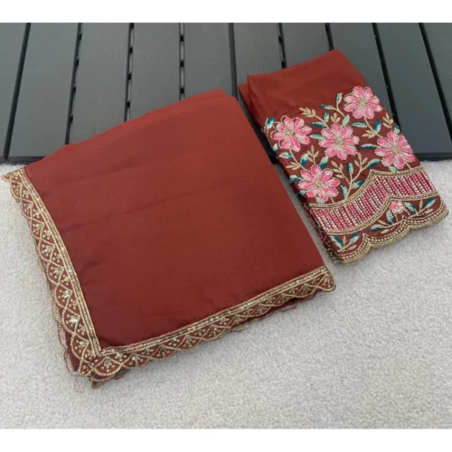 Women's Georgette Embellished Saree With Unstitched Blouse 5.5Mtr (Brown)