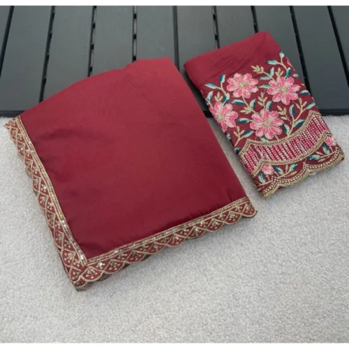 Women's Georgette Embellished Saree With Unstitched Blouse 5.5Mtr (Maroon)