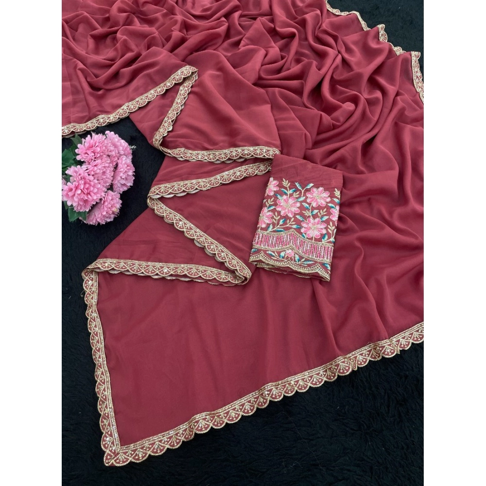 Women's Georgette Embellished Saree With Unstitched Blouse 5.5Mtr (Maroon) - Image 3