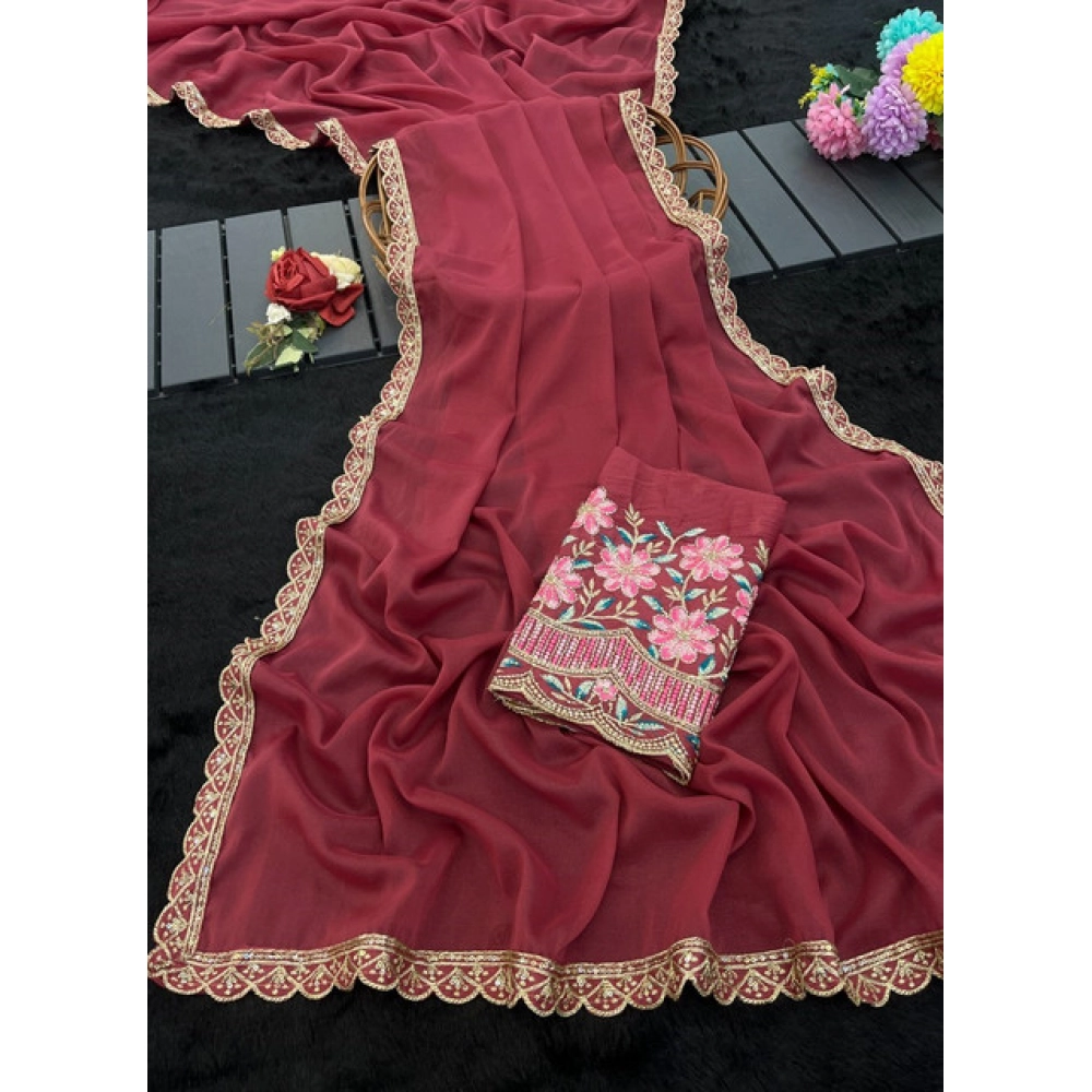 Women's Georgette Embellished Saree With Unstitched Blouse 5.5Mtr (Maroon) - Image 4