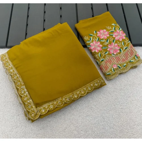 Women's Georgette Embellished Saree With Unstitched Blouse 5.5Mtr (Yellow)