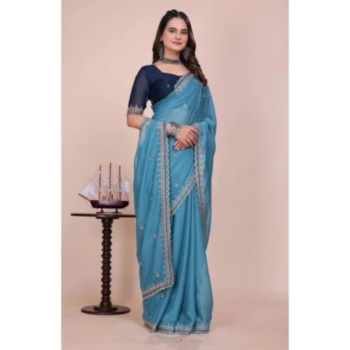 Women's Georgette Embellished Saree With Unstitched Blouse 5.5Mtr (Aqua Blue)