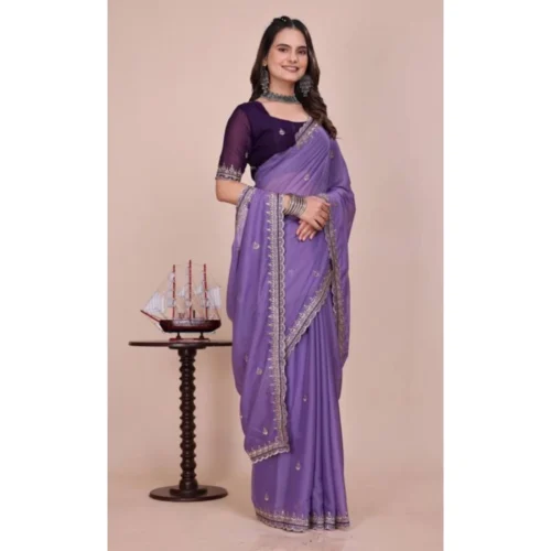 Women's Georgette Embellished Saree With Unstitched Blouse 5.5Mtr (Purple)