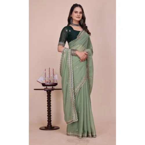 Women's Georgette Embellished Saree With Unstitched Blouse 5.5Mtr (Pista Green)