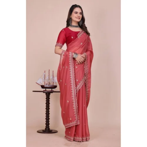 Women's Georgette Embellished Saree With Unstitched Blouse 5.5Mtr (Coral Red)