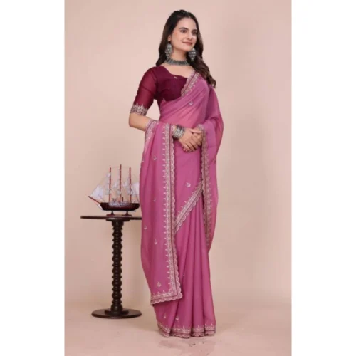 Women's Georgette Embellished Saree With Unstitched Blouse 5.5Mtr (Pink)