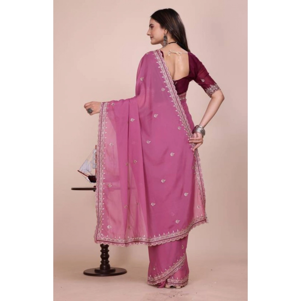 Women's Georgette Embellished Saree With Unstitched Blouse 5.5Mtr (Pink) - Image 3