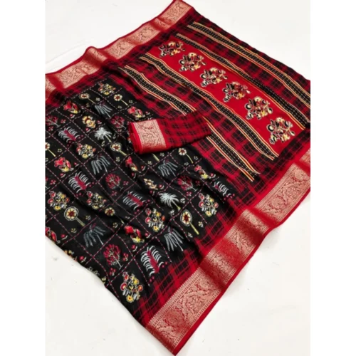 Women's Dola Silk Printed Saree With Unstitched Blouse 5.5Mtr (BLACK)
