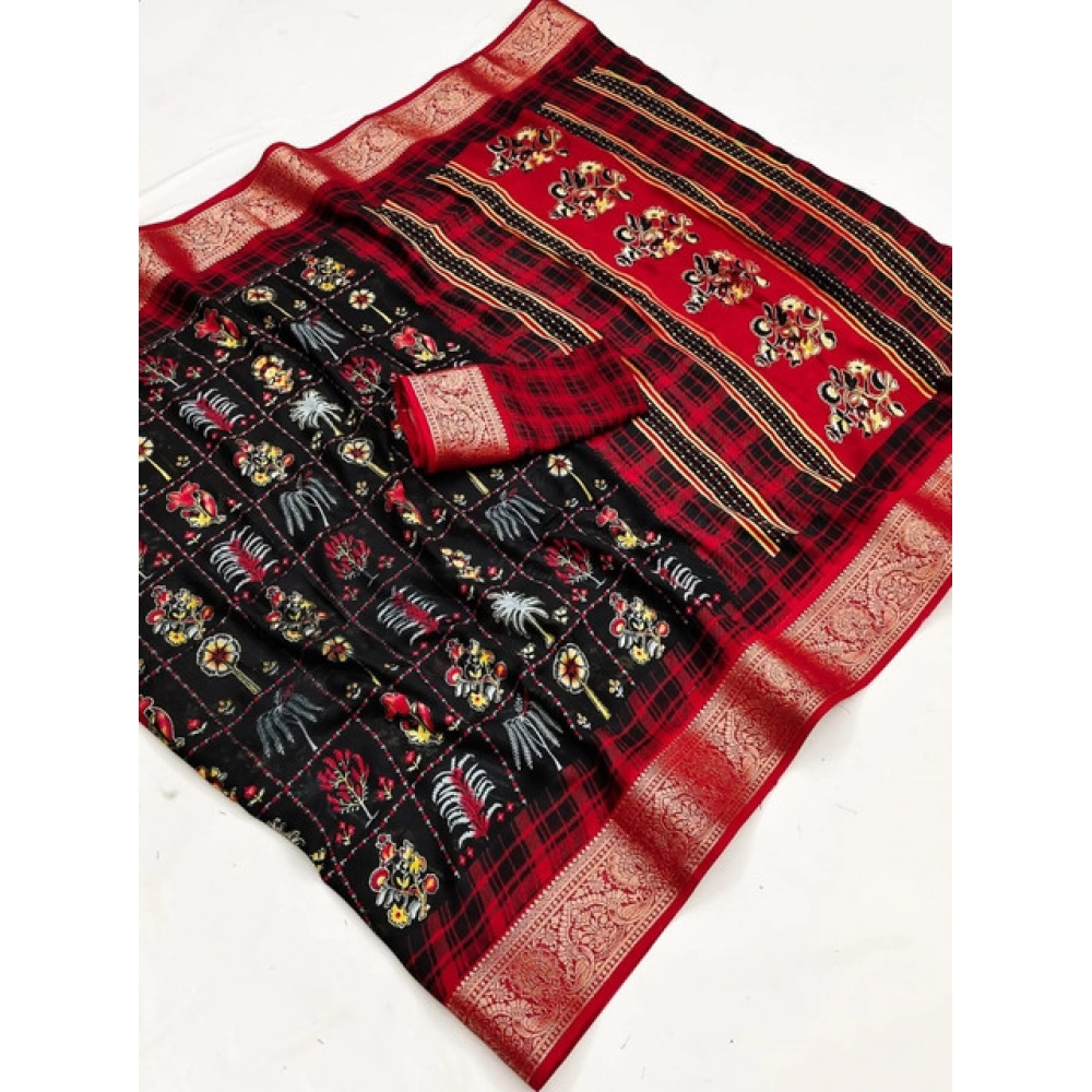 Women's Dola Silk Printed Saree With Unstitched Blouse 5.5Mtr (BLACK)