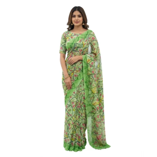 Women's Georgette Printed Saree With Unstitched Blouse 5.5Mtr (Green)