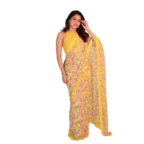 Women's Georgette Printed Saree With Unstitched Blouse 5.5Mtr (Yellow)