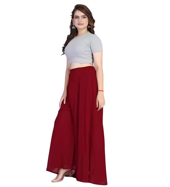 Women's Pack of 1 Georgette Solid High Rise Wide Leg Flared Palazzo with Elastic Waist (Maroon) - Image 2