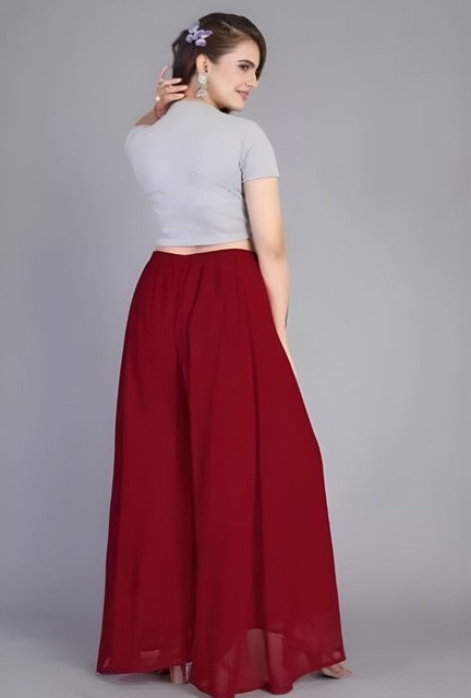 Women's Pack of 1 Georgette Solid High Rise Wide Leg Flared Palazzo with Elastic Waist (Maroon) - Image 3