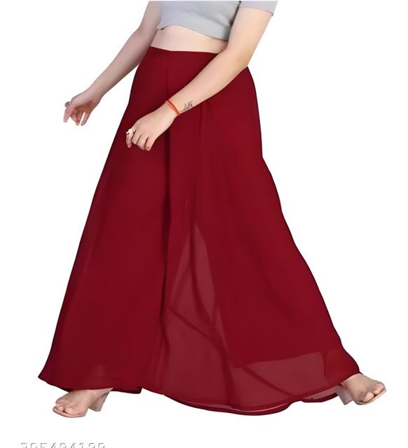 Women's Pack of 1 Georgette Solid High Rise Wide Leg Flared Palazzo with Elastic Waist (Maroon) - Image 4