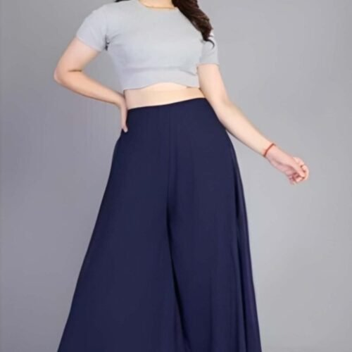 Women's Pack of 1 Georgette Solid High Rise Wide Leg Flared Palazzo with Elastic Waist (Navy Blue)