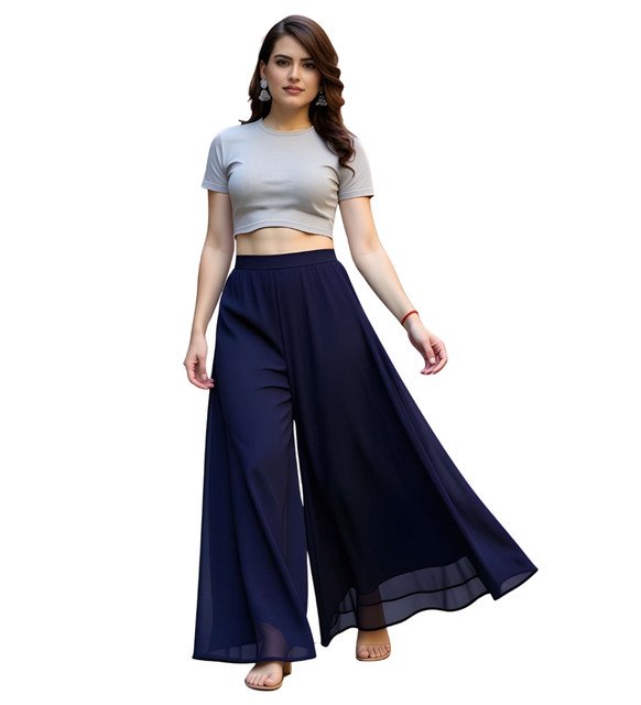 Women's Pack of 1 Georgette Solid High Rise Wide Leg Flared Palazzo with Elastic Waist (Navy Blue) - Image 2