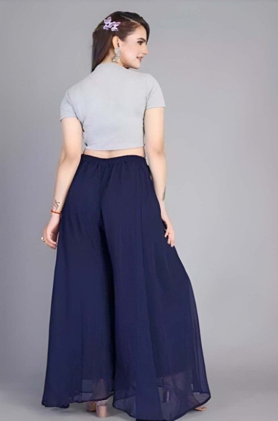 Women's Pack of 1 Georgette Solid High Rise Wide Leg Flared Palazzo with Elastic Waist (Navy Blue) - Image 3