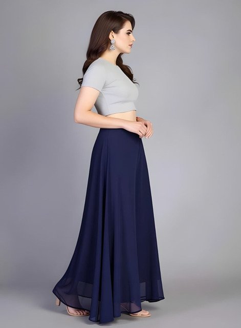 Women's Pack of 1 Georgette Solid High Rise Wide Leg Flared Palazzo with Elastic Waist (Navy Blue) - Image 4
