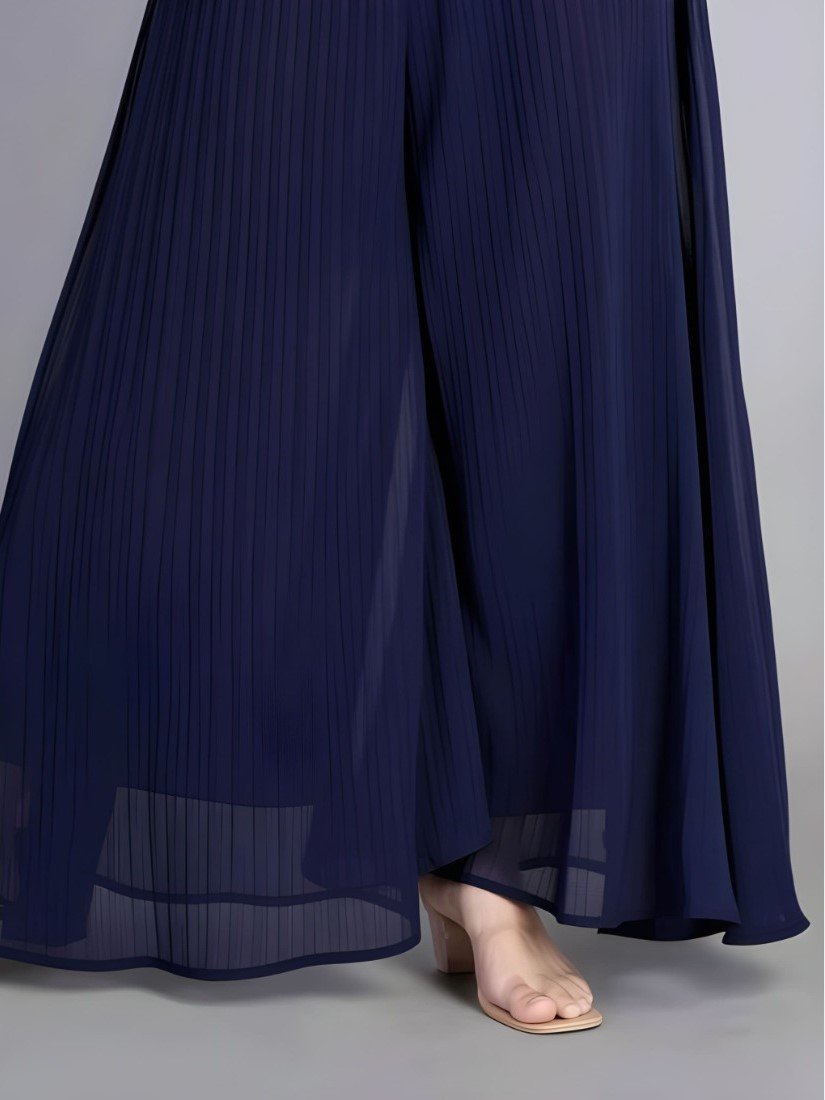Women's Pack of 1 Georgette Solid High Rise Wide Leg Flared Palazzo with Elastic Waist (Navy Blue) - Image 5