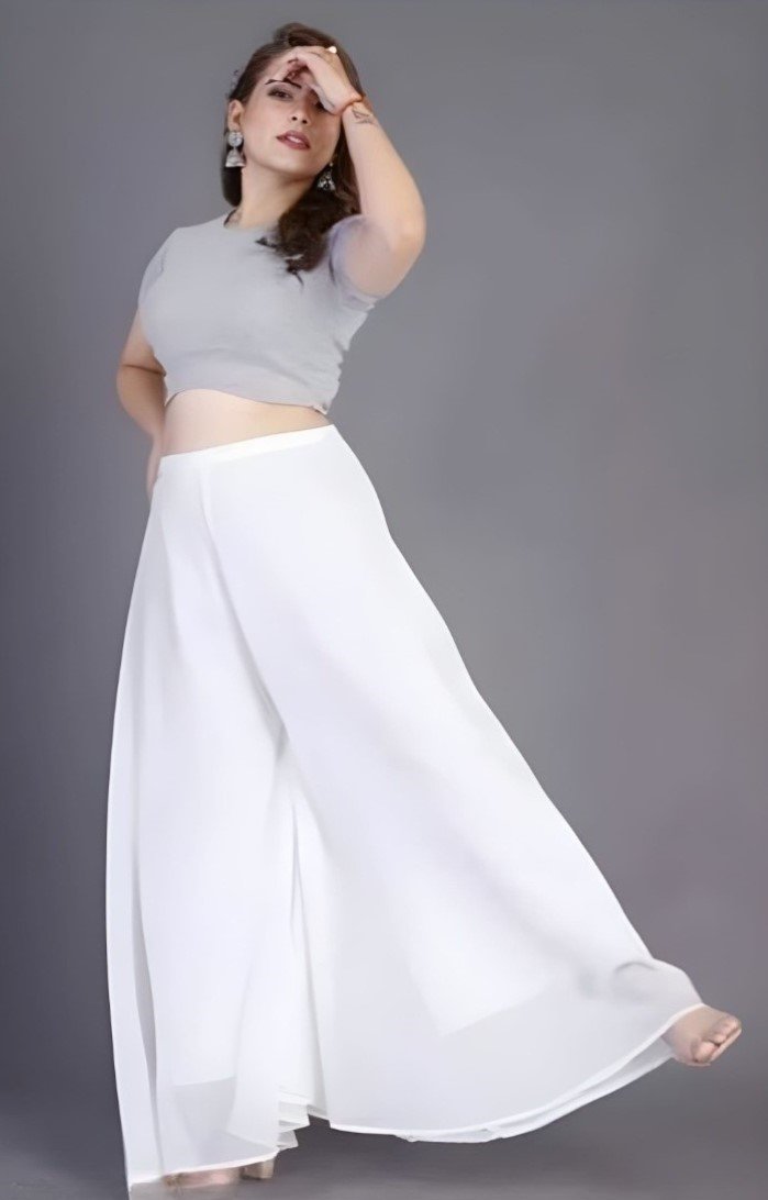 Women's Pack of 1 Georgette Solid High Rise Wide Leg Flared Palazzo with Elastic Waist (White)