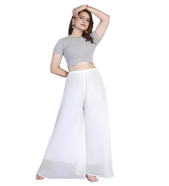 Women's Pack of 1 Georgette Solid High Rise Wide Leg Flared Palazzo with Elastic Waist (White) - Image 2