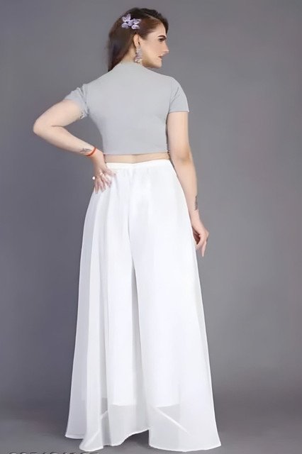 Women's Pack of 1 Georgette Solid High Rise Wide Leg Flared Palazzo with Elastic Waist (White) - Image 3