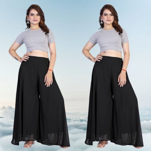 Women's Pack of 2 Georgette Solid High Rise Wide Leg Flared Palazzos with Elastic Waist (Black)
