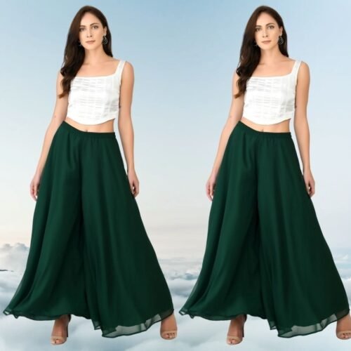 Women's Pack of 2 Georgette Solid High Rise Wide Leg Flared Palazzos with Elastic Waist (Bottle Green)