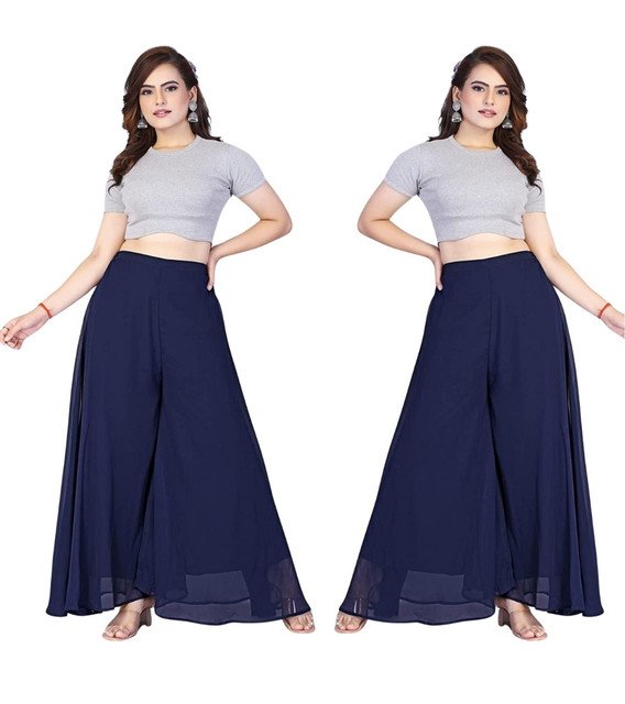 Women's Pack of 2 Georgette Solid High Rise Wide Leg Flared Palazzos with Elastic Waist (Navy Blue) - Image 2